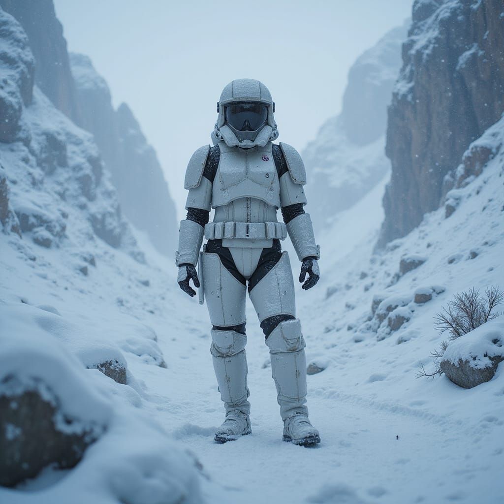 Ethereal Space Trooper Stands Tall in Icy Whiteout