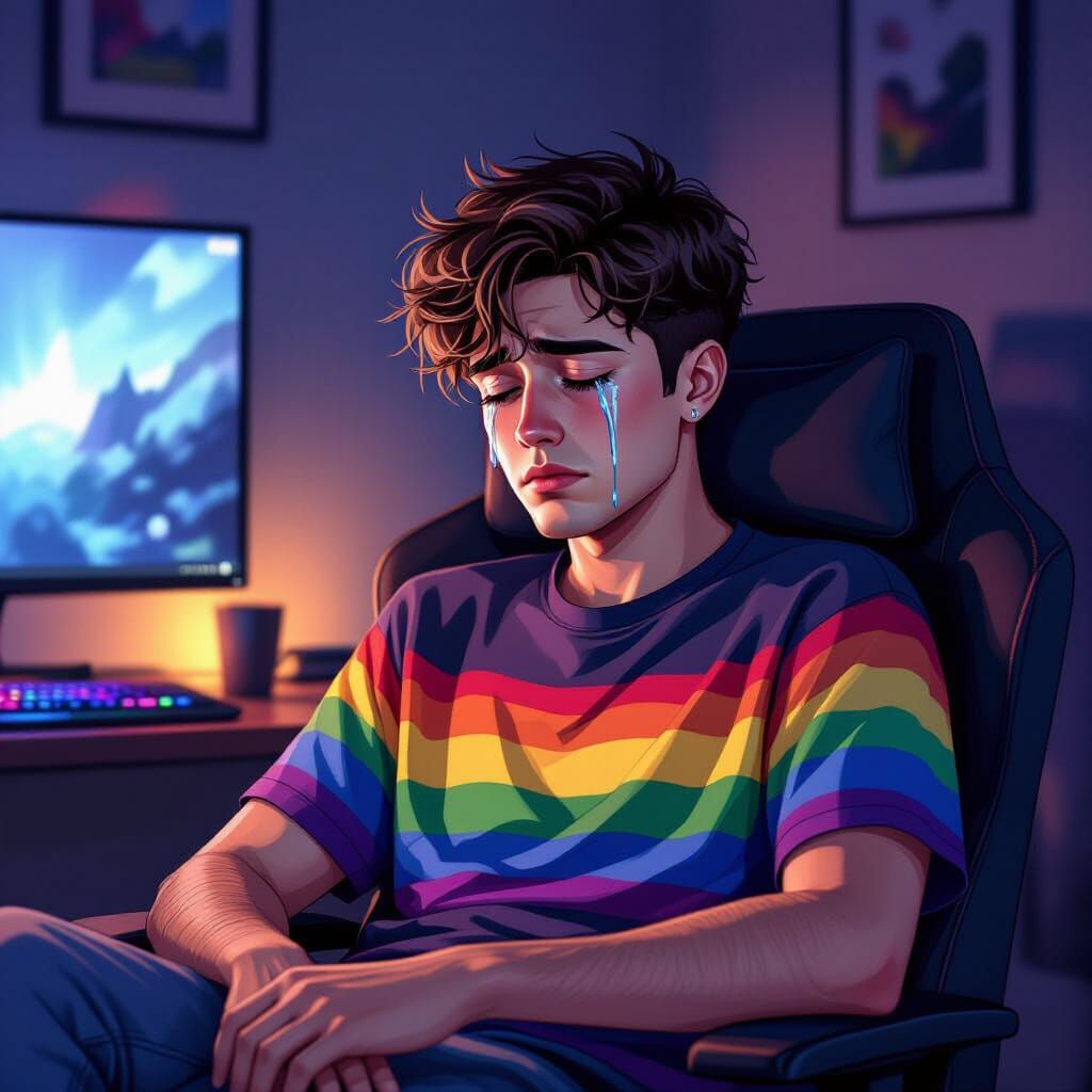 Sad Gamer in Pride Shirt, Emotional Concept Art