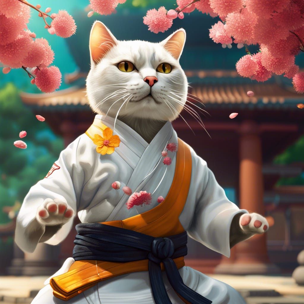 Karate Cat in Temple with Floating Flowers