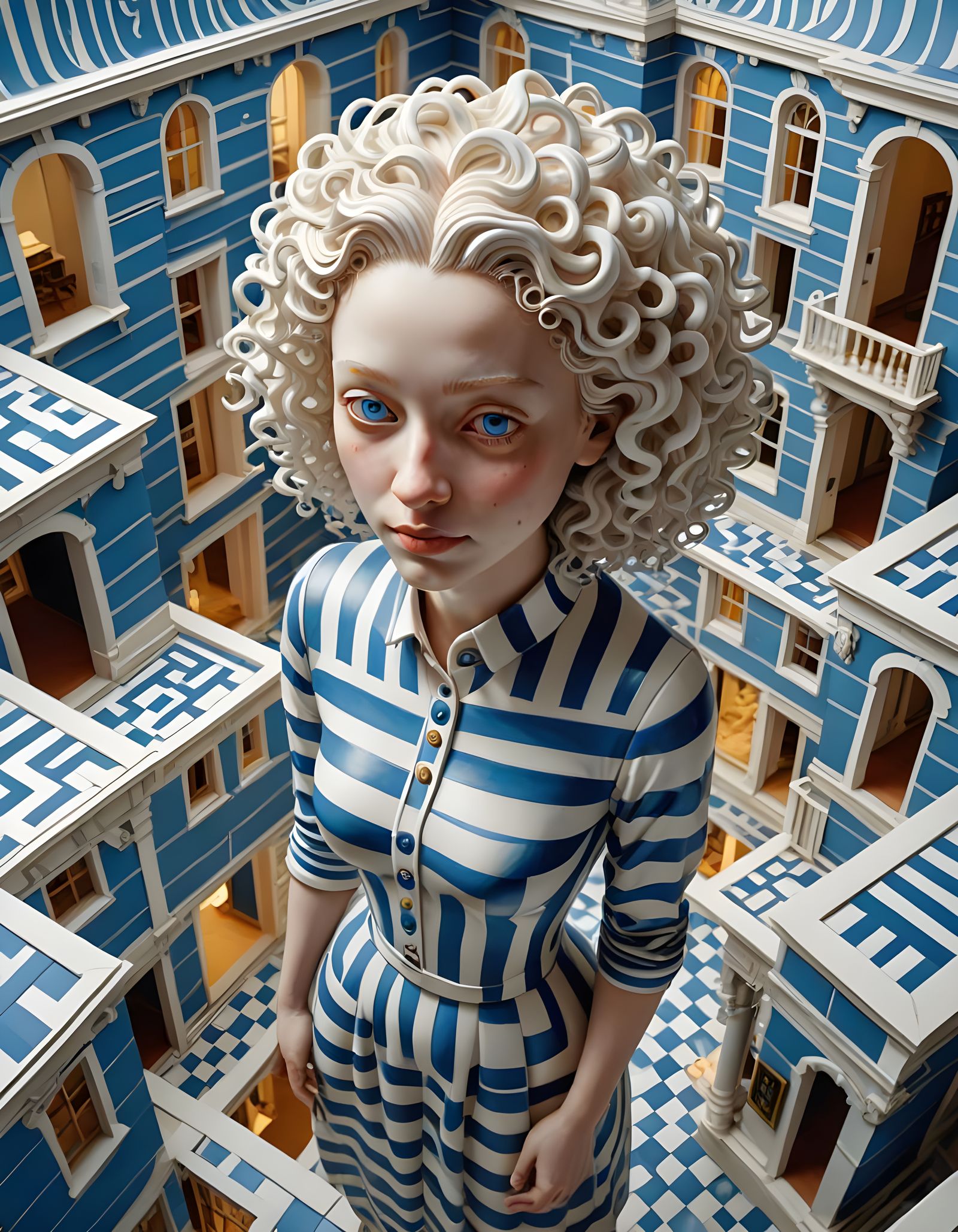 Porcelain Statue of Striped Girl in Escher House