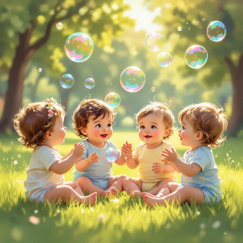 Adorable Babies Play With Bubbles in Sunny Park