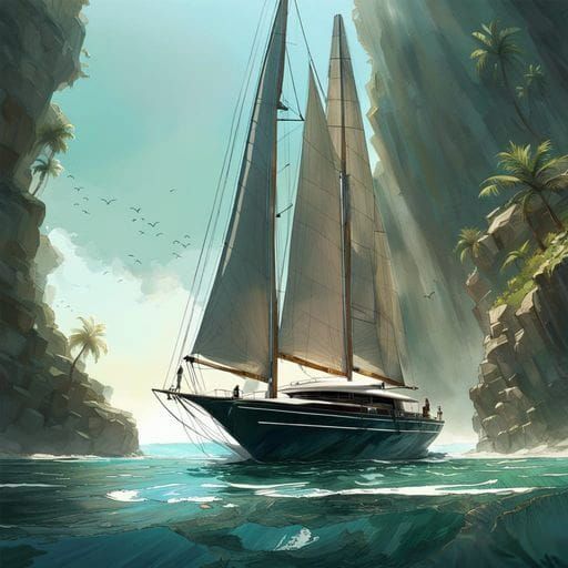 Sailing Yacht in Tropical Cove, Maximalist 3D Art