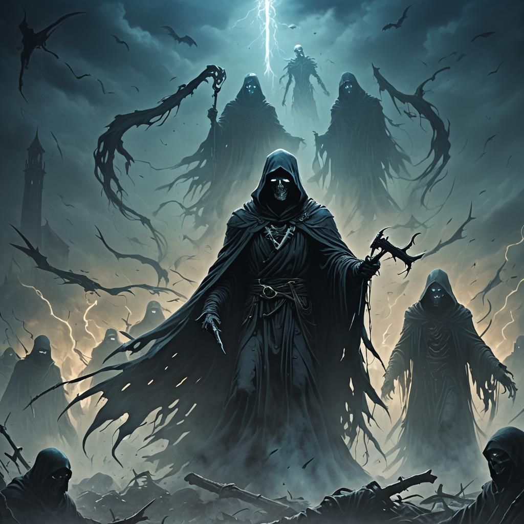 Eerie Dementors Surround Grim Reaper in Dark Fantasy