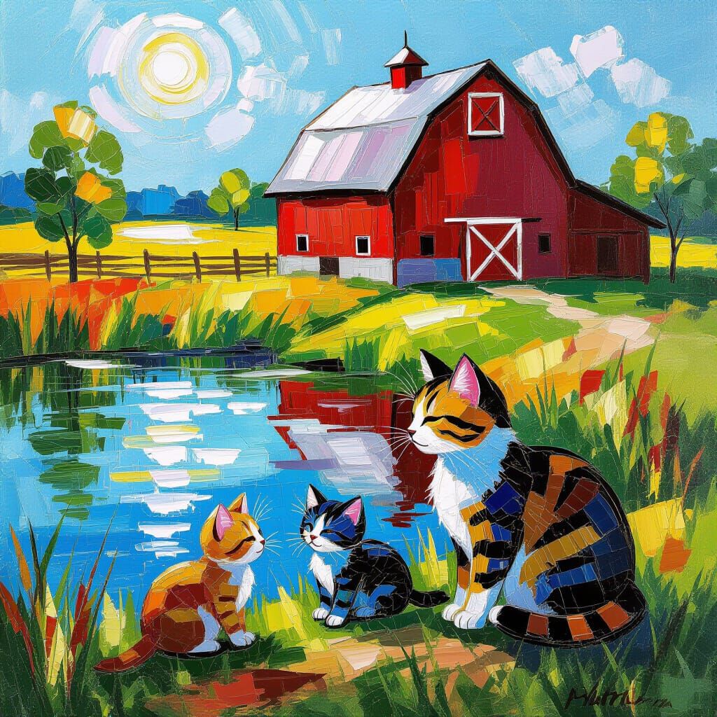 Cats and Kittens Playing: Neo-Impressionist Oil Painting