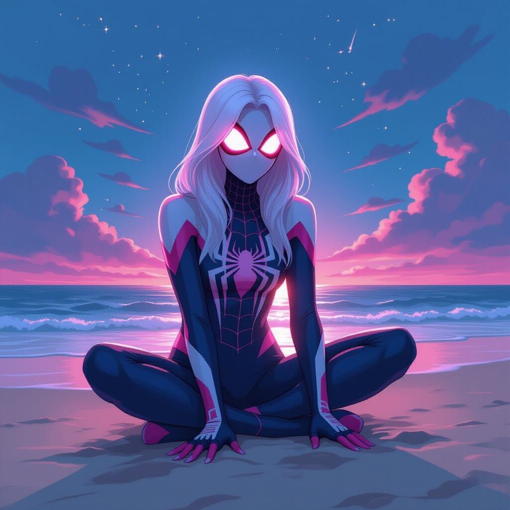 Colossal Spider-Gwen on a Neon Beach