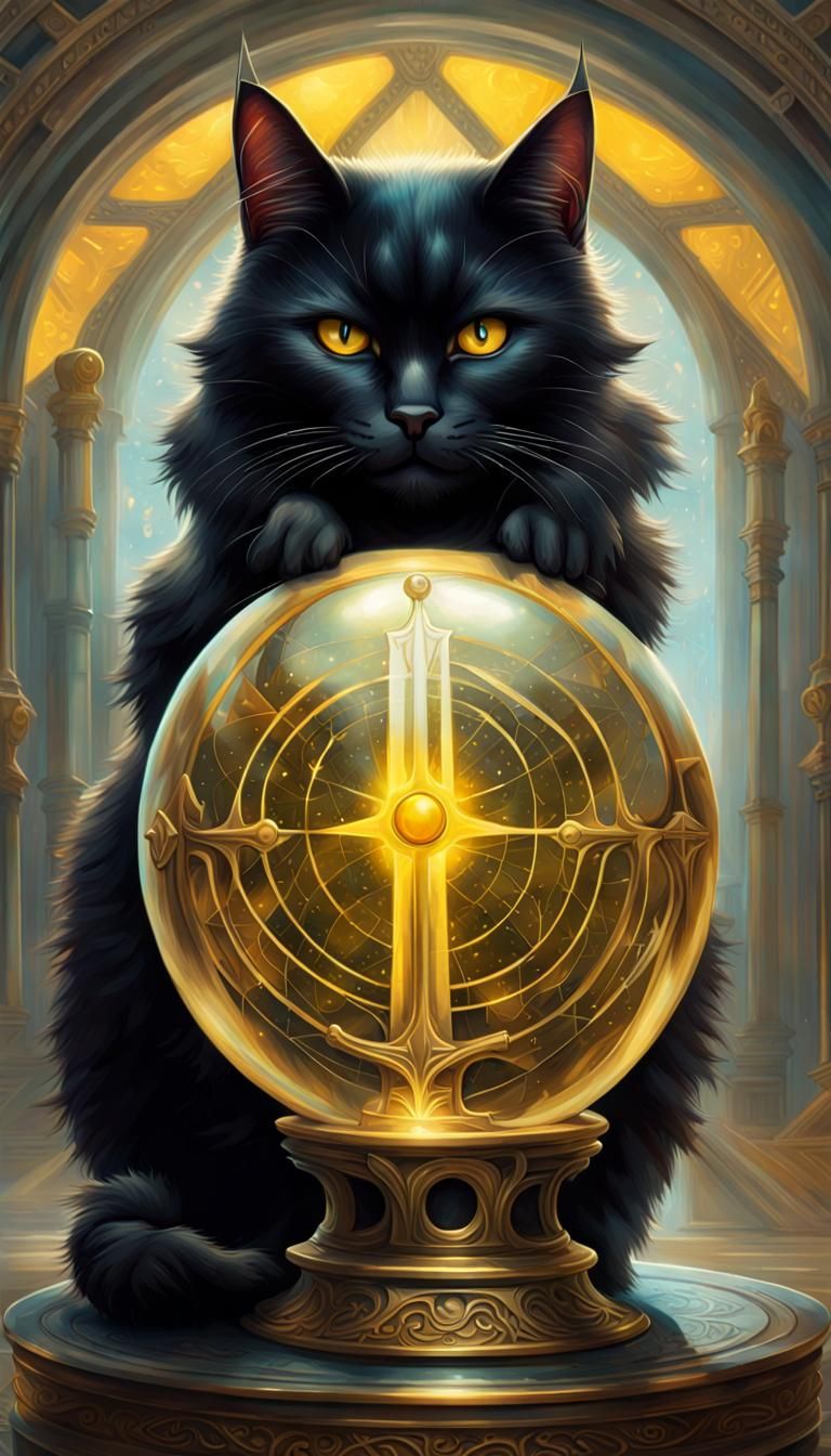 Black Cat Tarot Card with Crystal Ball, Detailed Art