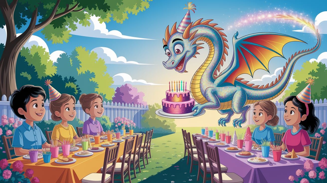 Cartoon Dragon Brings Birthday Cake, Cel-Shaded Art