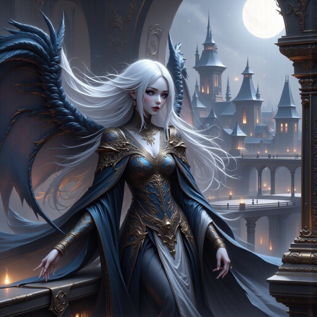 Dark Angelic Woman in Steampunk City