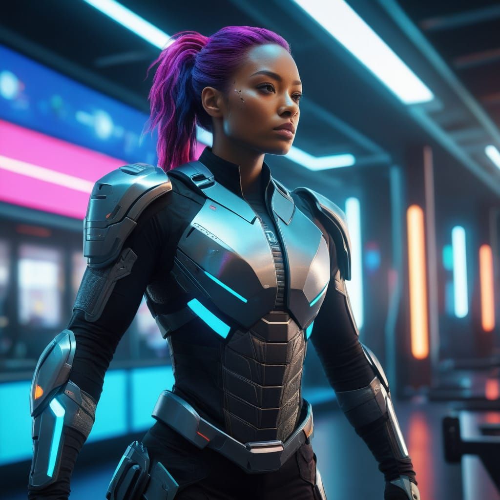 Sci-Fi Gym Training: Girl in Detailed Armor