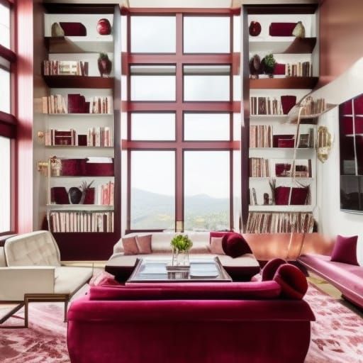 Mountain View penthouse with huge windows& Burgundy red walls with Rose gold accents& Burgundy red furniture with Rose g...