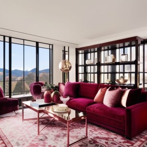 Mountain View penthouse with huge windows& Burgundy red walls with Rose gold accents& Burgundy red furniture with Rose g...