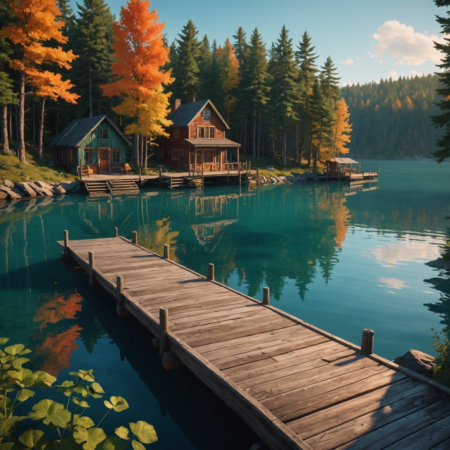 Maine Lake Dock in Hyperdetailed Splash Art Style