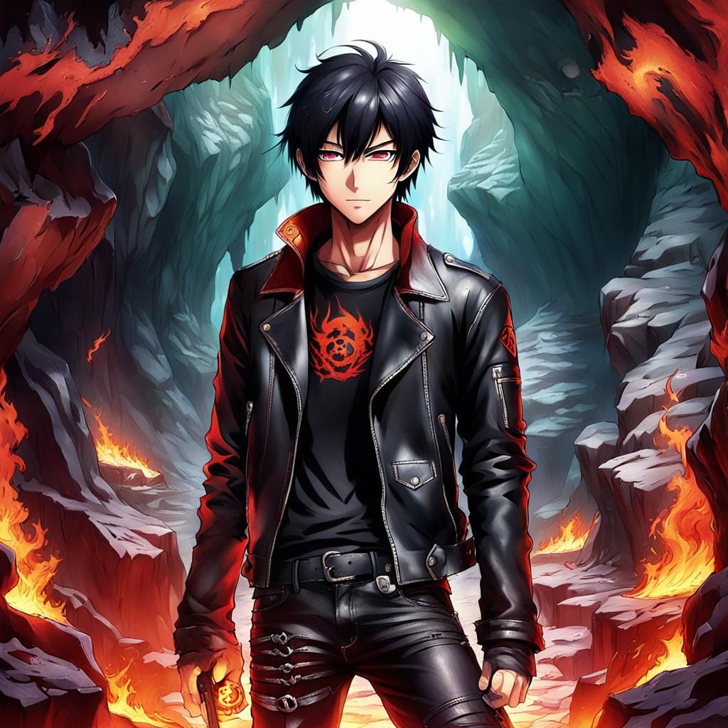 Anime Boy in Fiery Cave with Leather Outfit