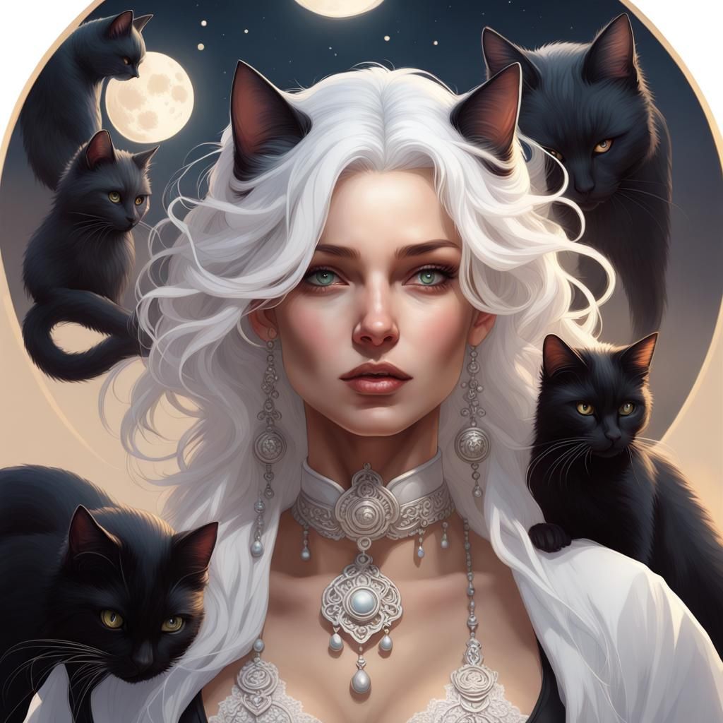 Moonlit Portrait of Woman with Cats in Fantasy Style