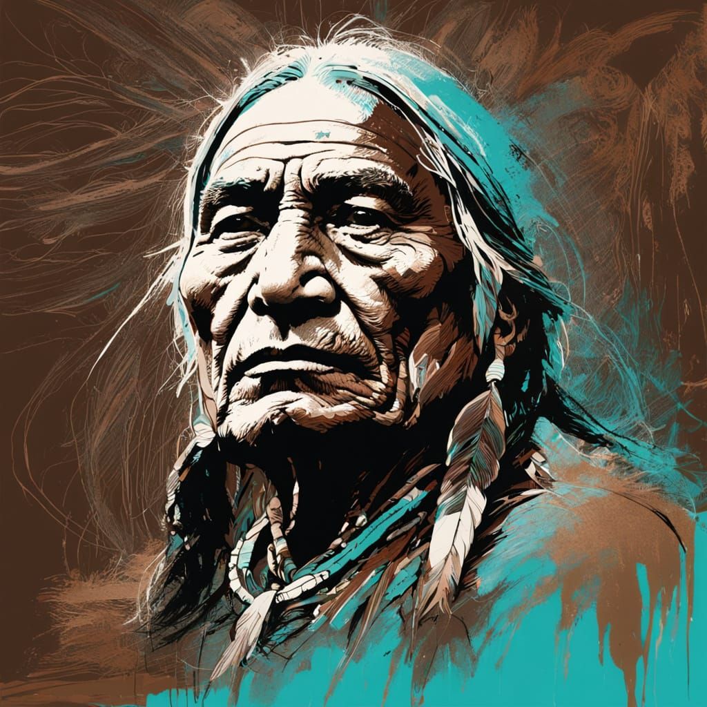 Native American Elder Portrait in Scratch Art Style