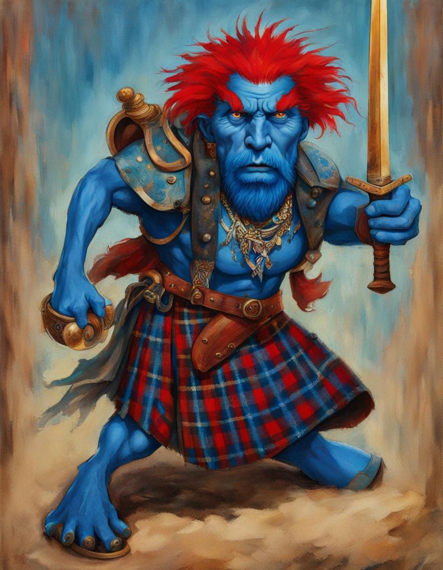 Miniature Blue-Skinned Warrior with Sword and Kilt