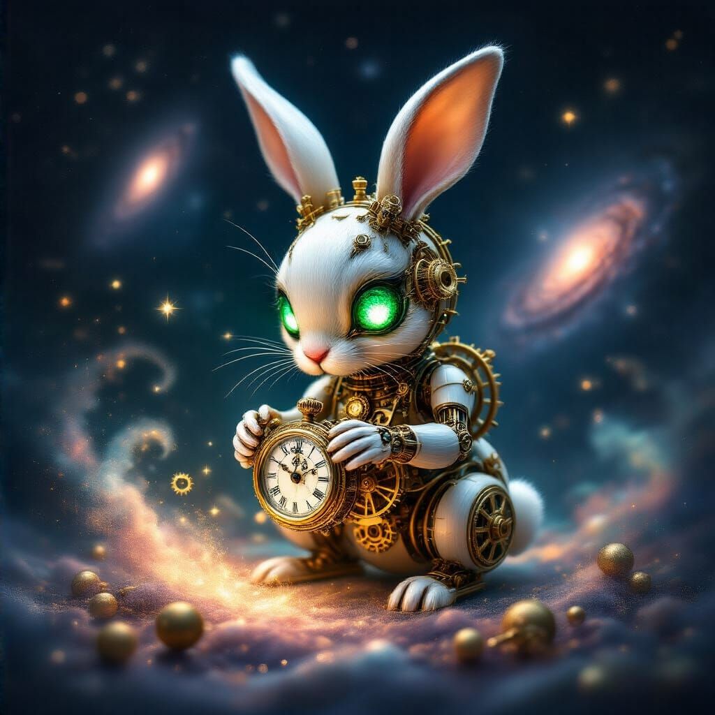 Clockwork Rabbit Assembling Pocket Watch in Cosmic Nebula