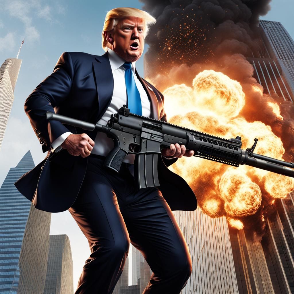 Hyperrealistic Trump Leaping from Exploding Skyscraper