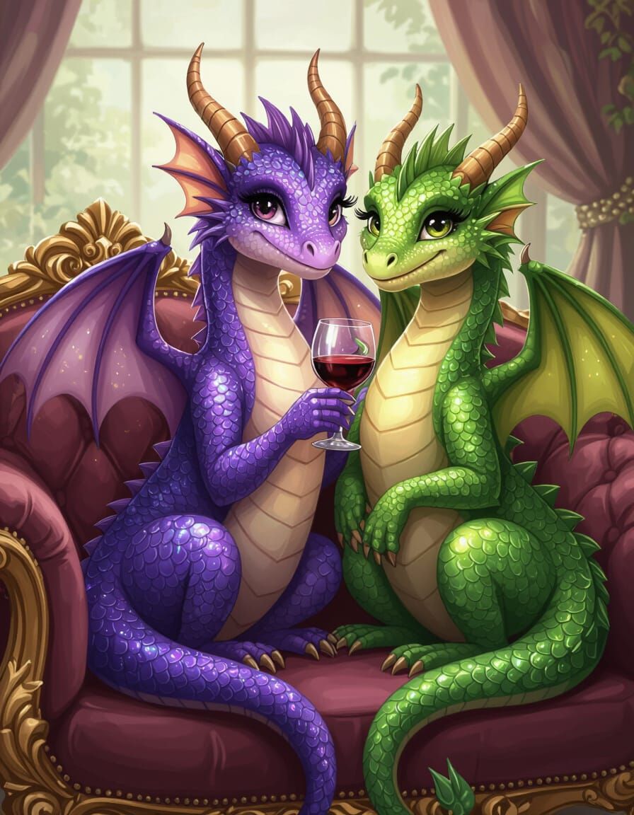 Two Dragons Share Wine in Whimsical Fantasy Art