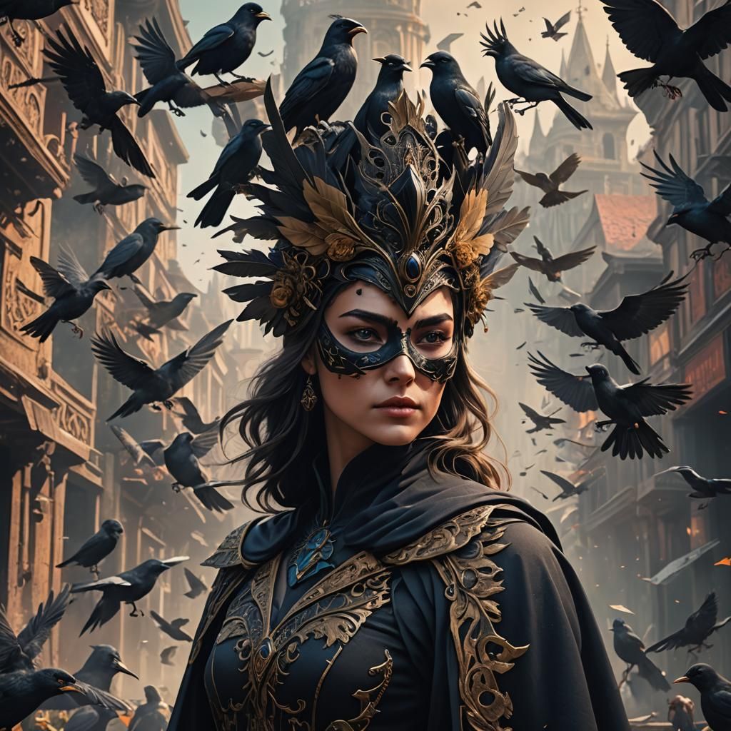 Woman with Bird Mask: Detailed Matte Painting