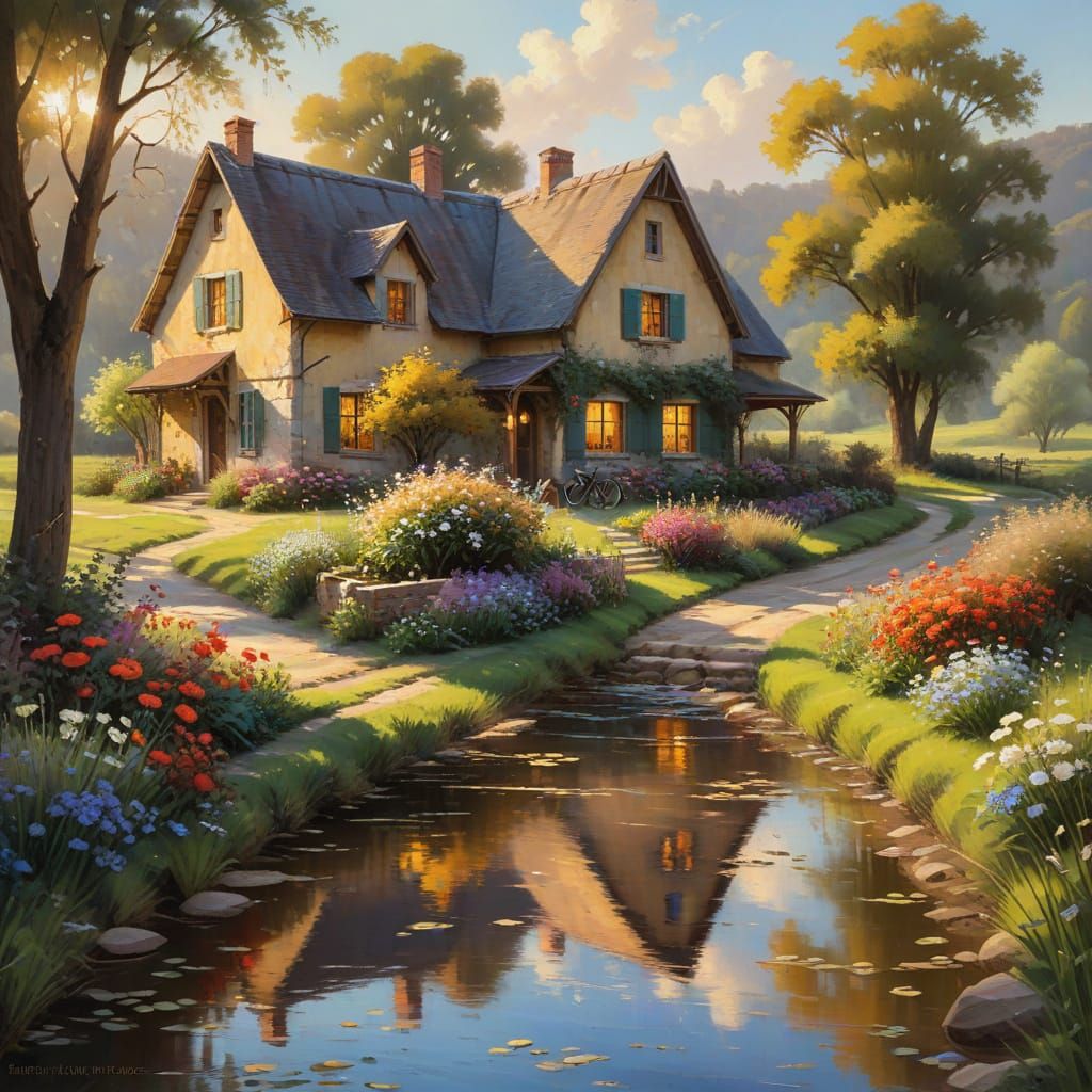 Serene Landscape Oil Painting with Country Houses and Bicycl...