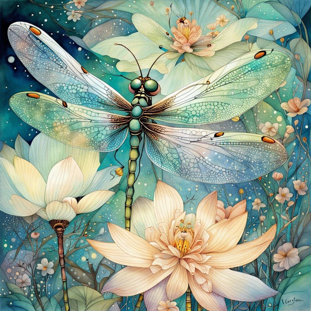 Fantastical Dragonfly on Flower in Watercolor Art