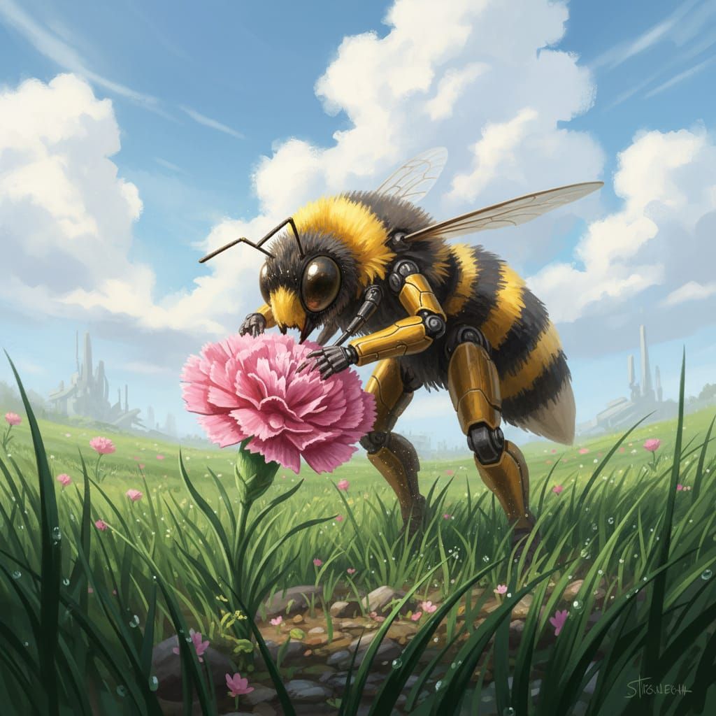 Hyper-Realistic Bumble Bee on Pink Carnation