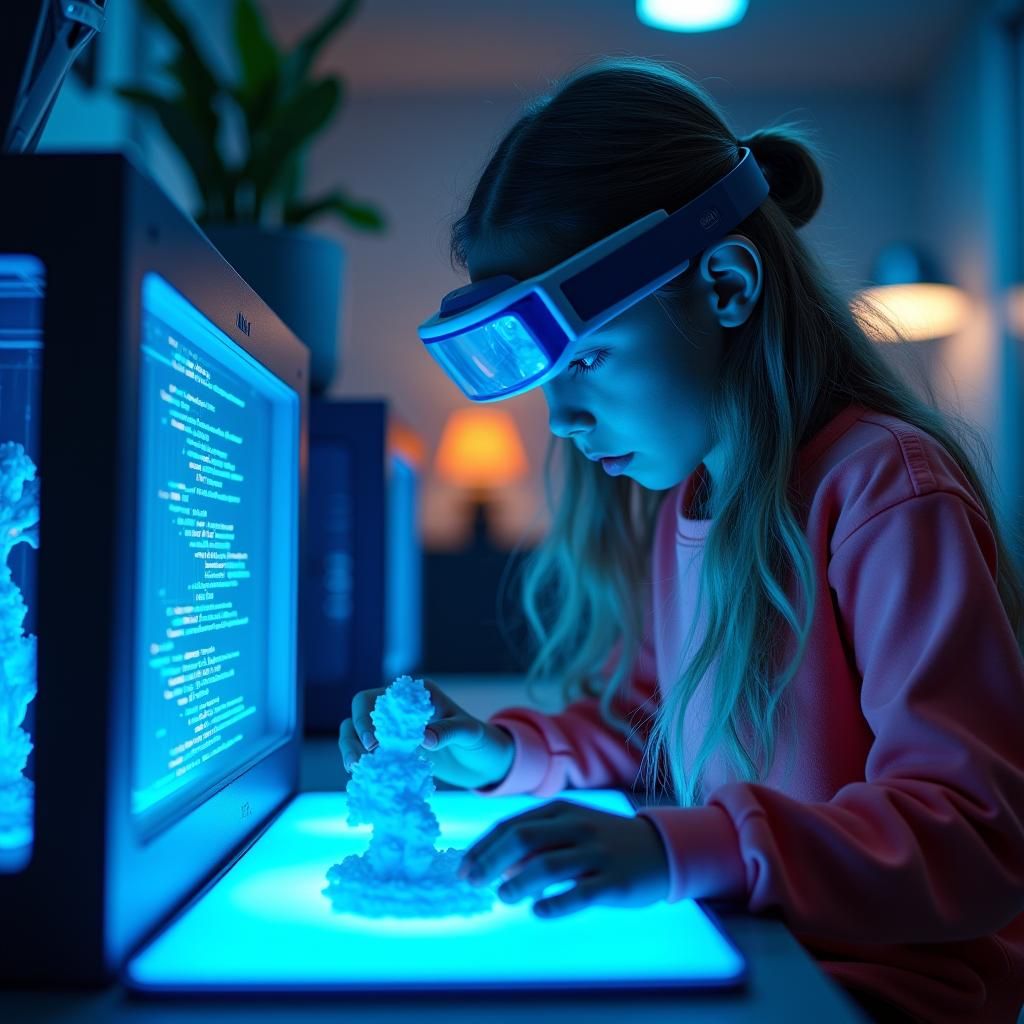 Girl Programming 3D Printer with Holographic Screen