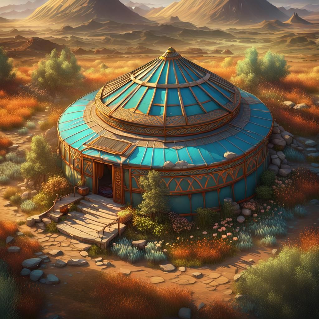 Druid Yurt in Steppe Garden: Hyperdetailed Concept Art