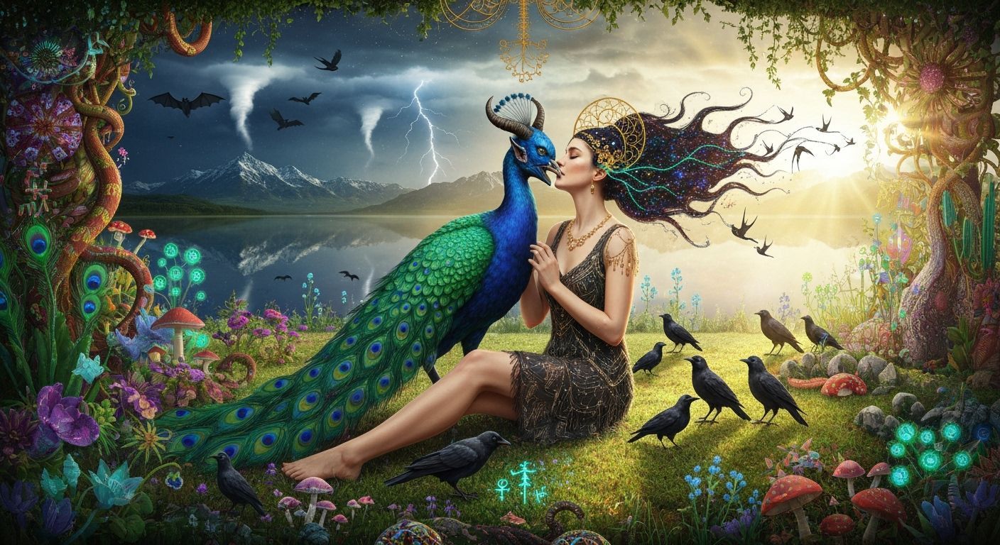 Demon Peacock Creature and Stardust Woman in Cosmic Garden