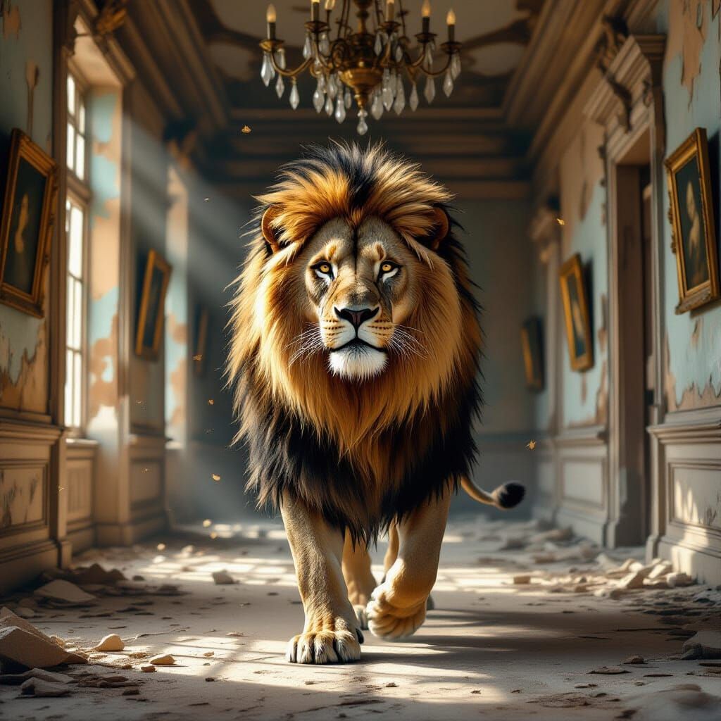 Majestic Lion in Decaying Ballroom, Digital Painting