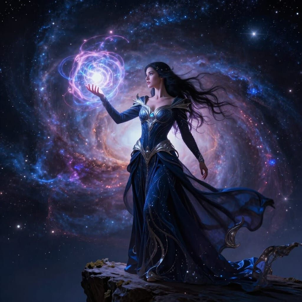Female Sorceress Conjuring Cosmic Energy on Nebula Precipice