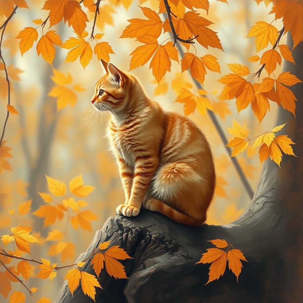 Warm Autumn Cat on Tree Trunk in Soft Light