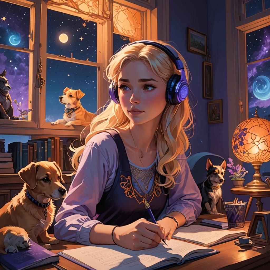 Ethereal Fantasy Scene of a Lofi Girl Under Starry Night Sky