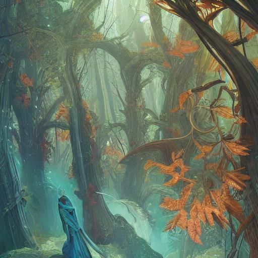 Ethereal Elves in Forest: Art Nouveau Concept Art