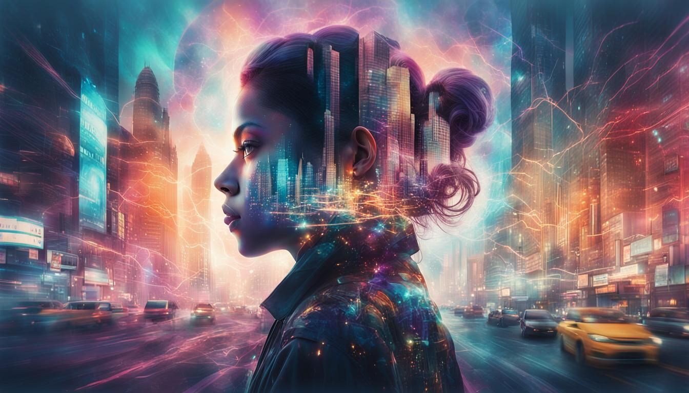 Sci-Fi City Double Exposure with Woman