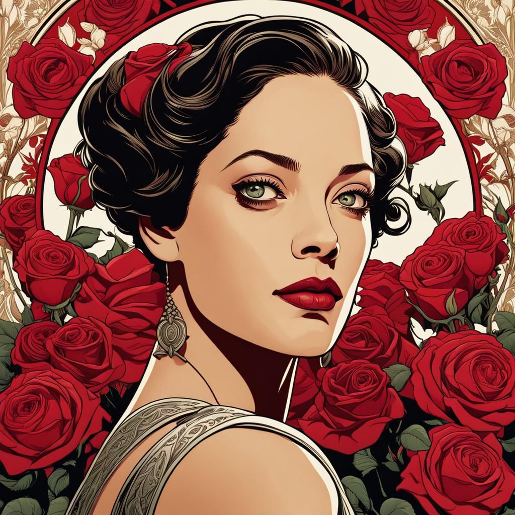 Art Nouveau Woman with Roses in Comic Book Style