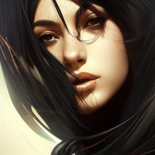Beautiful Black-Haired Woman Portrait in Art Nouveau Style