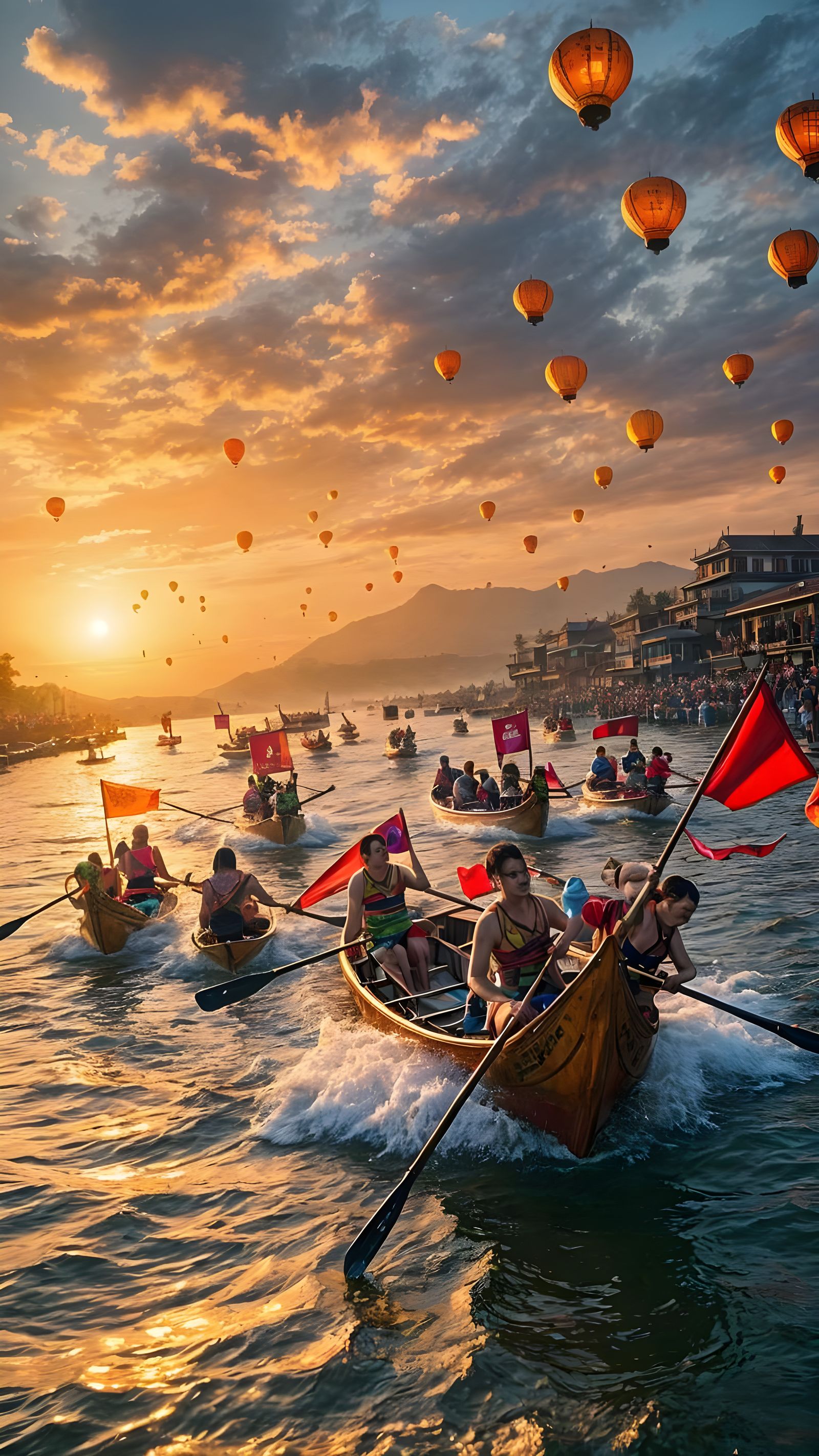 Dynamic Boat Festival at Sunset: A Cinematic Still