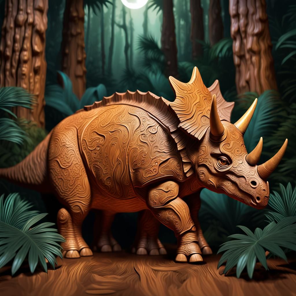 Triceratops Wood Carving in Jungle Scene