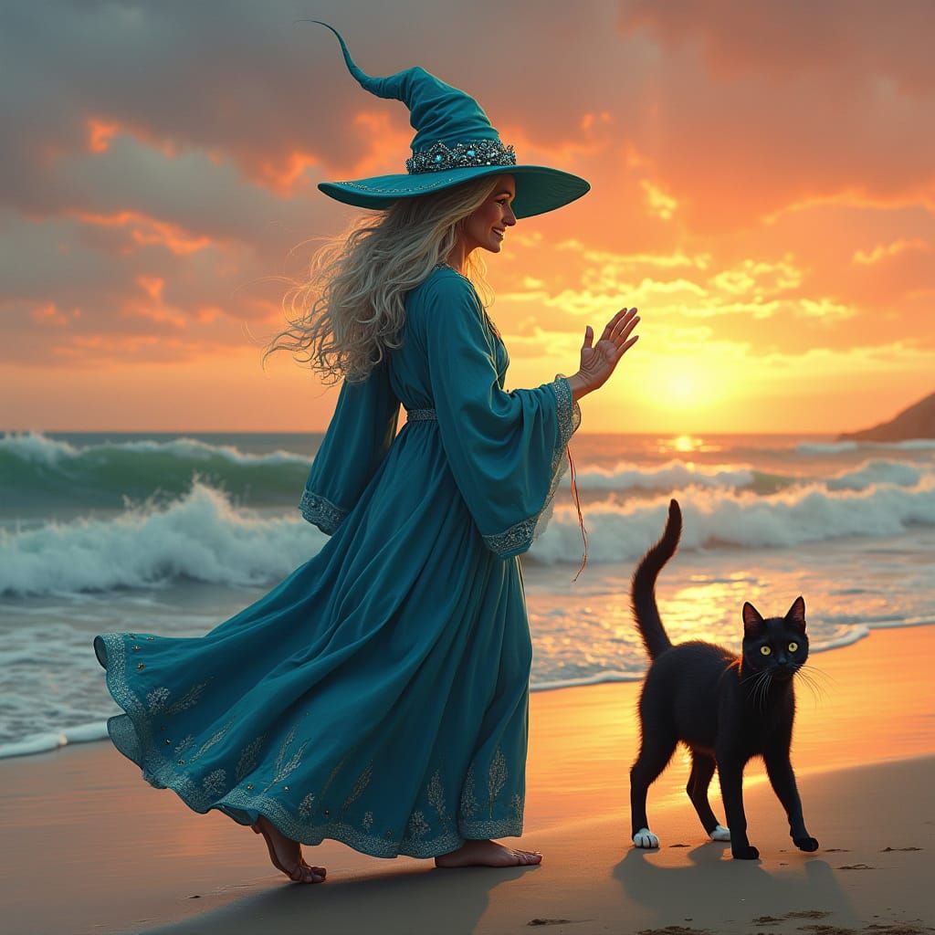Warm and Wise Elder Witch Strolls Towards Sunset
