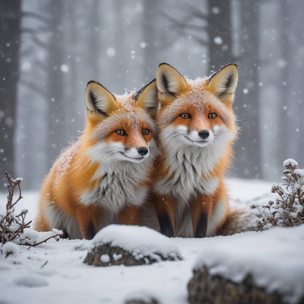 Winter Wonderland with Joyful Foxes in Snowy Forest