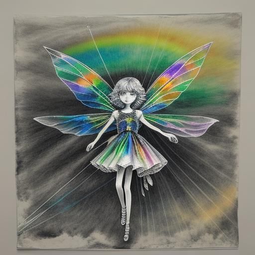 Child's Surreal Crayon Drawing with Rainbow Fairy