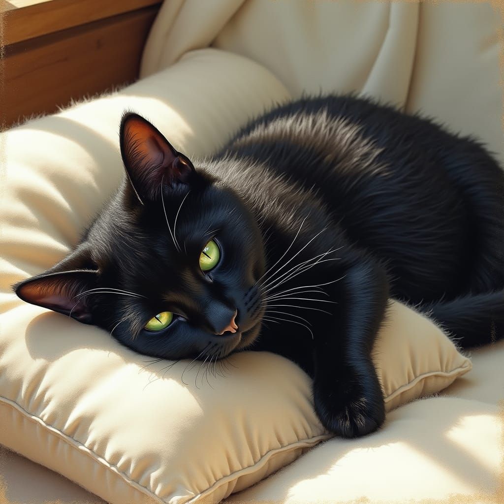 Black Cat Sleeping Peacefully in Sunlight: Wildlife Art