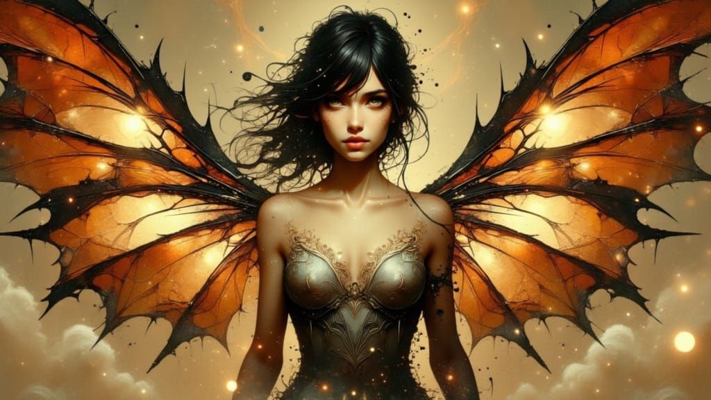 Alluring Woman with Dragon Wings Amidst Fire and Ice