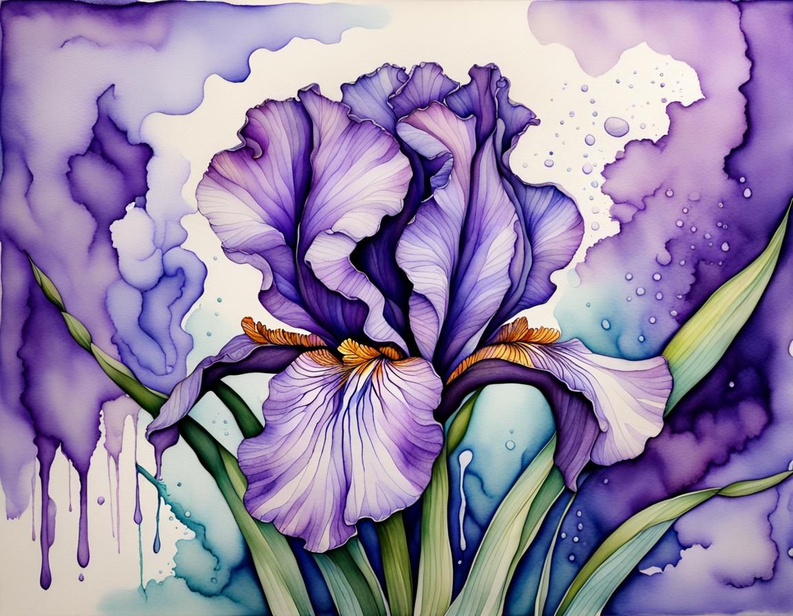 Striking Iris with Watercolor and Ink Splashes
