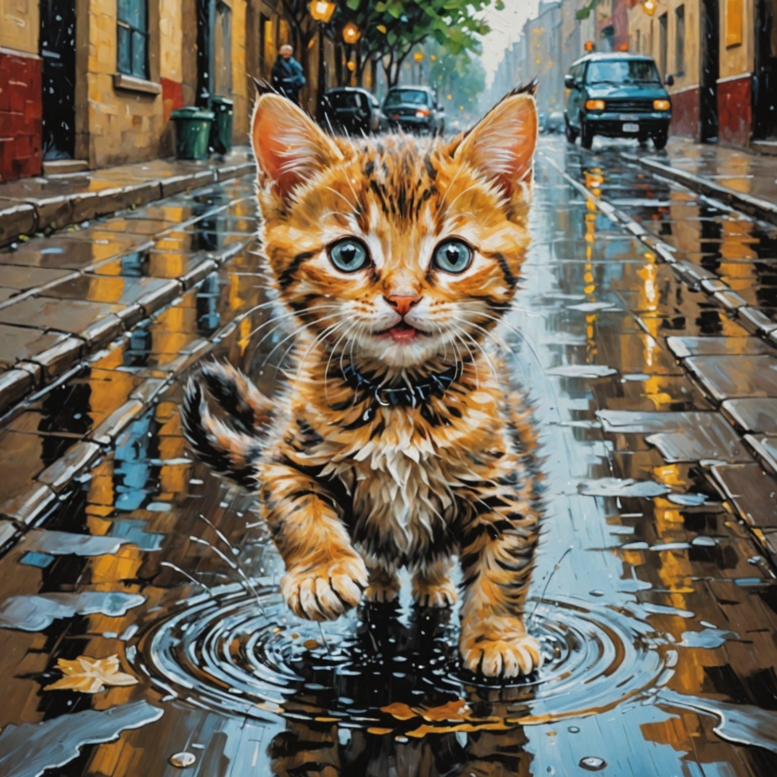 Joyful Kitten Splashing in Rain Puddle Painting