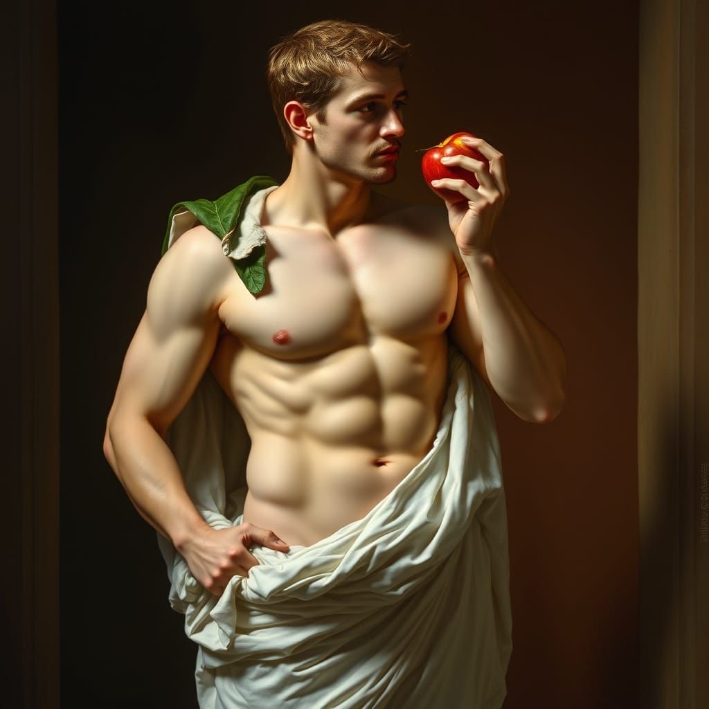 Classical Greek God Bites into a Red Apple in a Serene Setti...