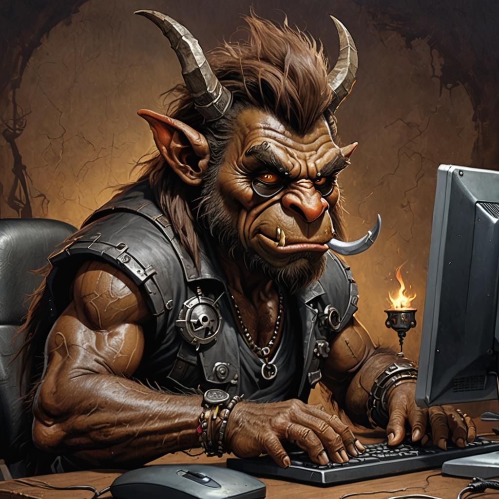 Troll with Goatee Working at Computer