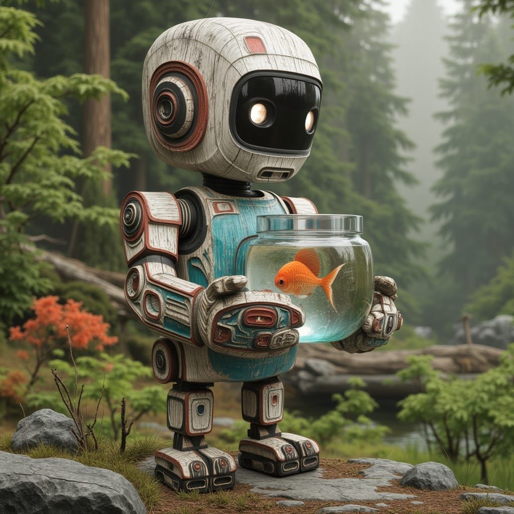 Cute Robot Holding a Fishbowl